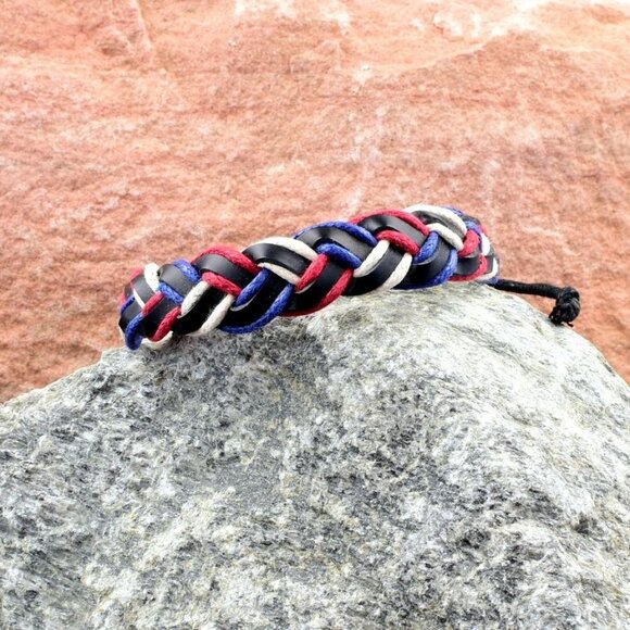 Peaks Jewelry Other - Ensley Braid Mens Cord Leather Slide Tie Bracelet Red White Blue Gift Packaged